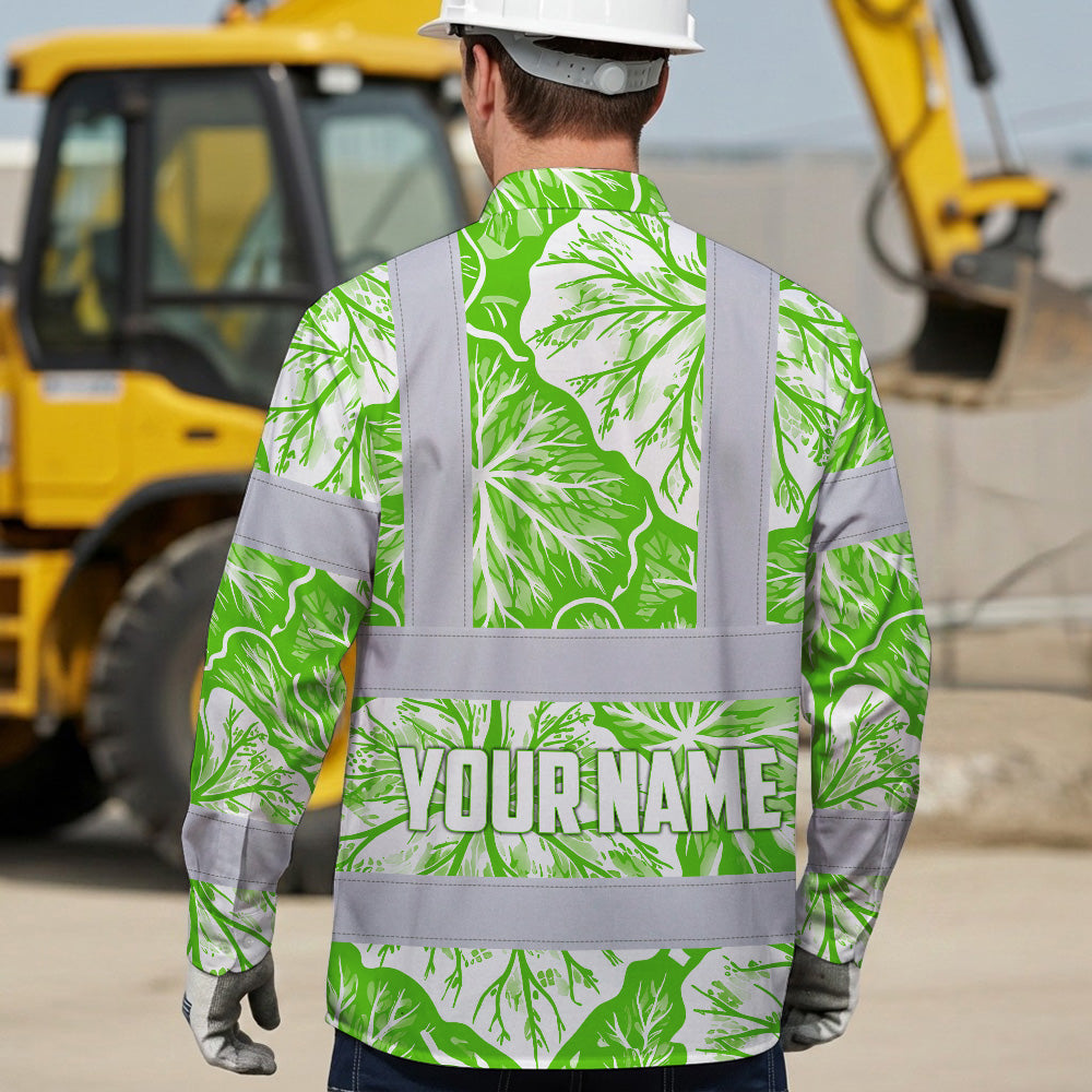 Hi Vis Hawaiian Long Sleeve Shirt Reflective Tapes Green Neon White Flowers Custom Name Safety Workwear For Workers, Truckers