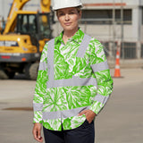 Hi Vis Hawaiian Long Sleeve Shirt Reflective Tapes Green Neon White Flowers Custom Name Safety Workwear For Workers, Truckers