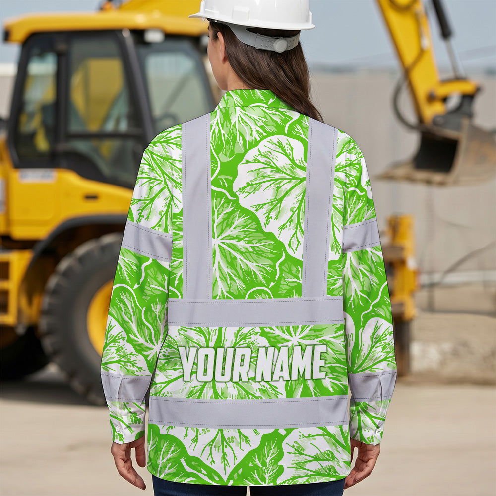 Hi Vis Hawaiian Long Sleeve Shirt Reflective Tapes Green Neon White Flowers Custom Name Safety Workwear For Workers, Truckers