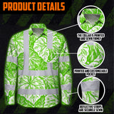 Hi Vis Hawaiian Long Sleeve Shirt Reflective Tapes Green Neon White Flowers Custom Name Safety Workwear For Workers, Truckers