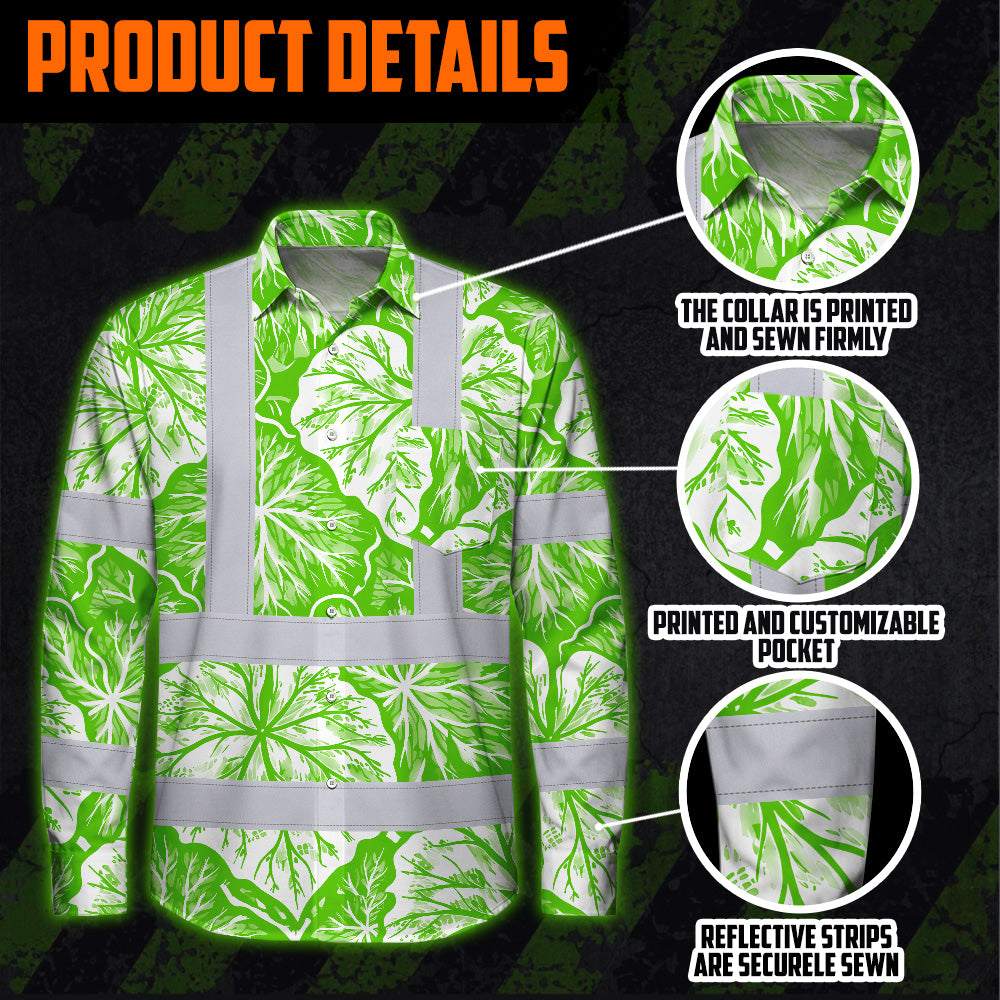 Hi Vis Hawaiian Long Sleeve Shirt Reflective Tapes Green Neon White Flowers Custom Name Safety Workwear For Workers, Truckers