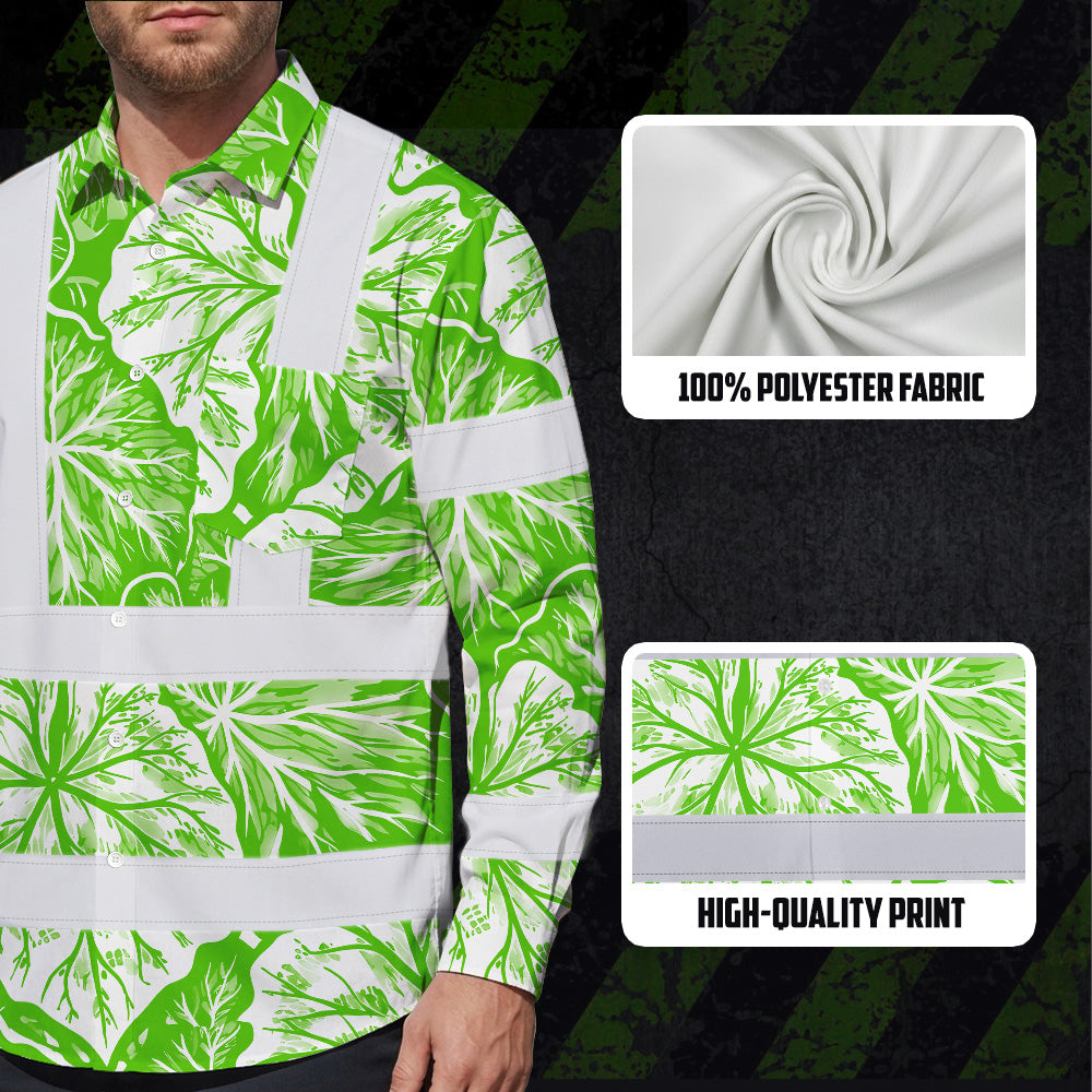 Hi Vis Hawaiian Long Sleeve Shirt Reflective Tapes Green Neon White Flowers Custom Name Safety Workwear For Workers, Truckers