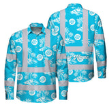 Hi Vis Hawaiian Long Sleeve Reflective Tapes Blue Neon And White Flowers Custom Name And Logo Safety Workwear For Company