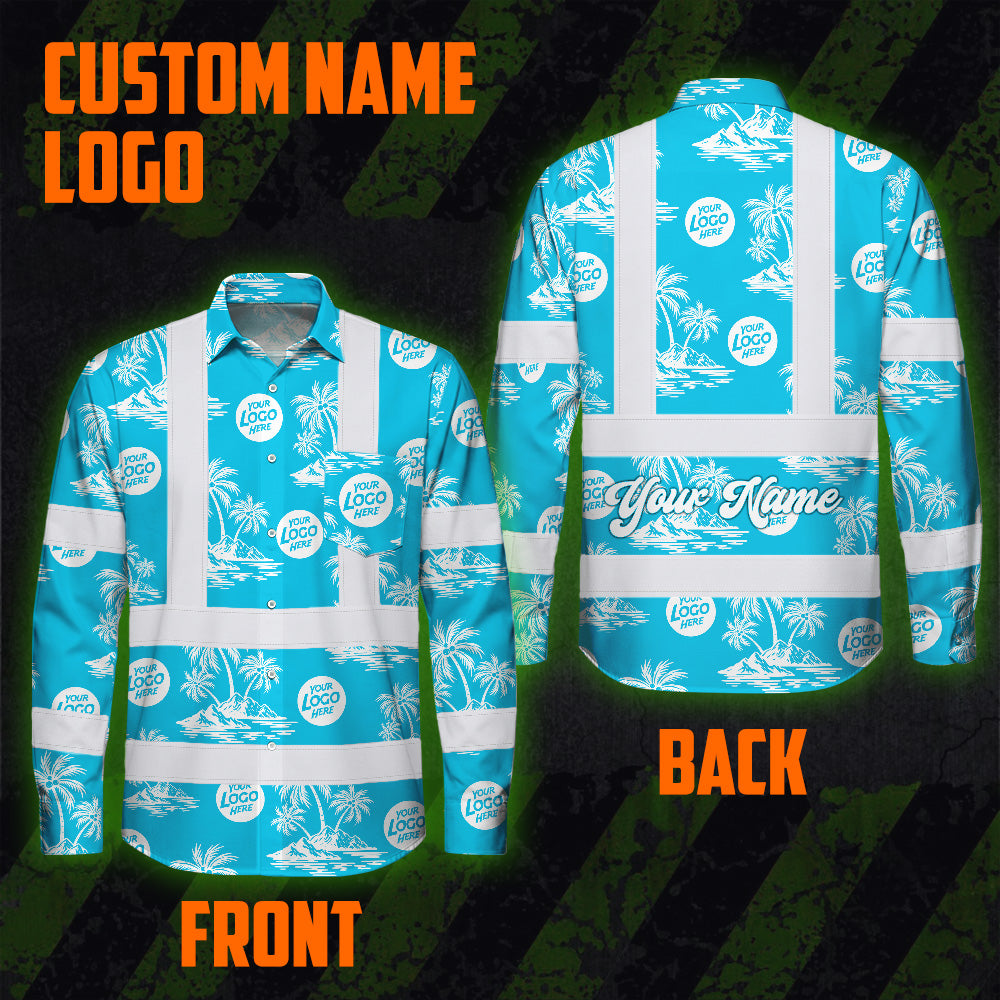 Hi Vis Hawaiian Long Sleeve Reflective Tapes Blue Neon And White Flowers Custom Name And Logo Safety Workwear For Company