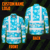 Hi Vis Hawaiian Long Sleeve Reflective Tapes Blue Neon And White Flowers Custom Name And Logo Safety Workwear For Company