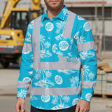 Hi Vis Hawaiian Long Sleeve Reflective Tapes Blue Neon And White Flowers Custom Name And Logo Safety Workwear For Company