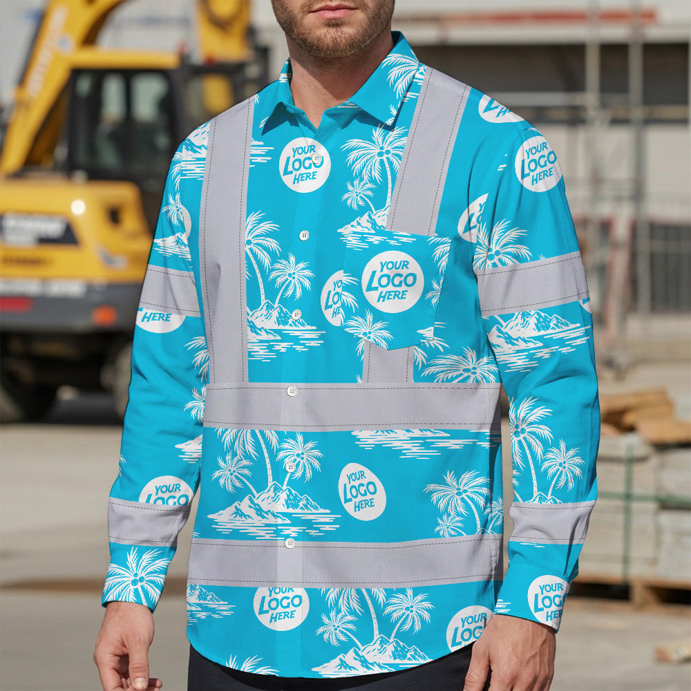 Hi Vis Hawaiian Long Sleeve Reflective Tapes Blue Neon And White Flowers Custom Name And Logo Safety Workwear For Company