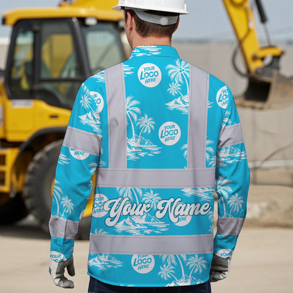 Hi Vis Hawaiian Long Sleeve Reflective Tapes Blue Neon And White Flowers Custom Name And Logo Safety Workwear For Company