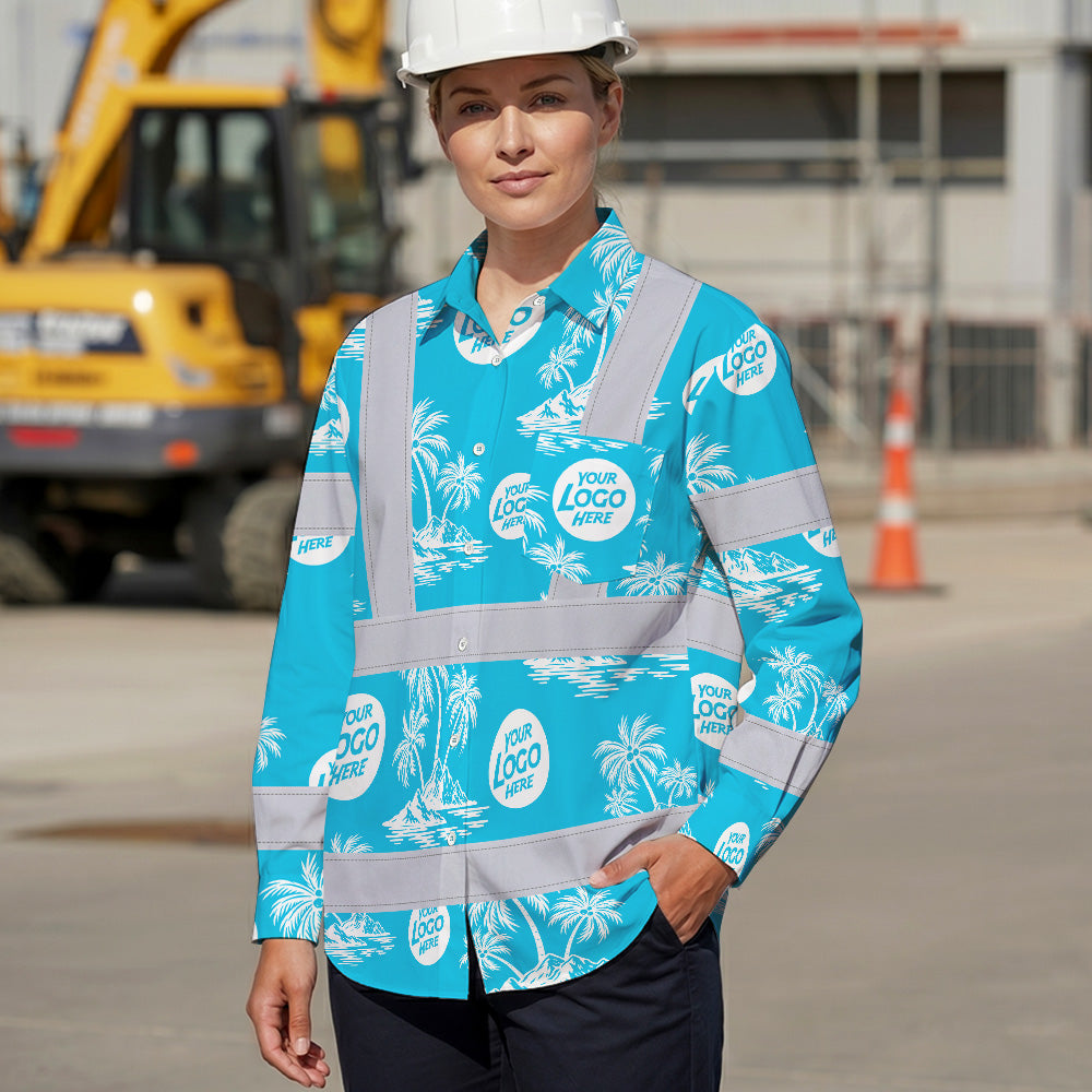 Hi Vis Hawaiian Long Sleeve Reflective Tapes Blue Neon And White Flowers Custom Name And Logo Safety Workwear For Company