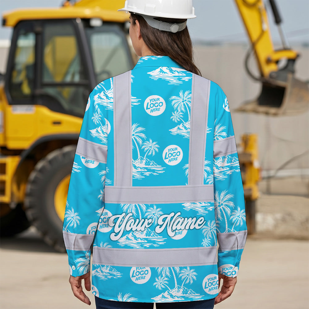 Hi Vis Hawaiian Long Sleeve Reflective Tapes Blue Neon And White Flowers Custom Name And Logo Safety Workwear For Company