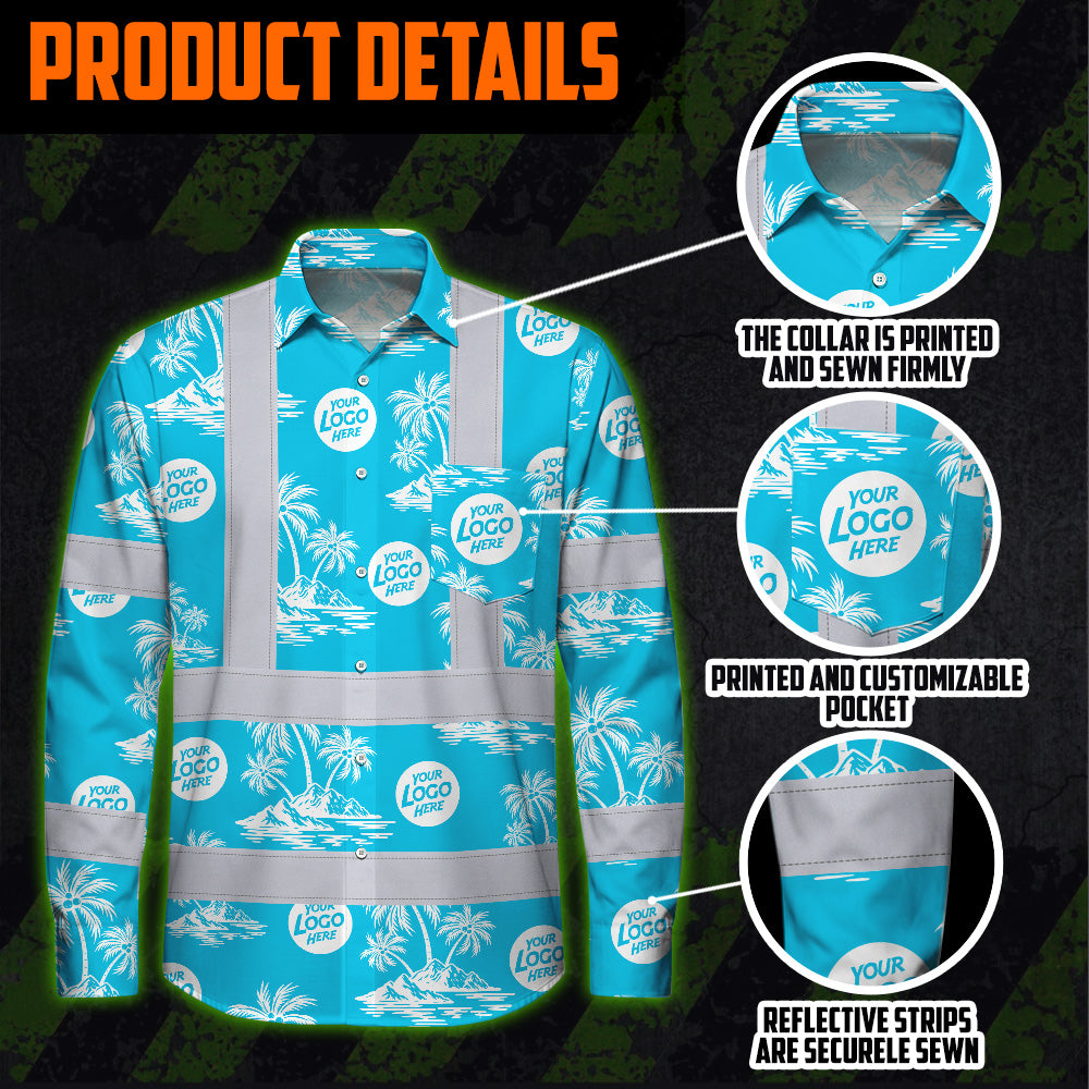 Hi Vis Hawaiian Long Sleeve Reflective Tapes Blue Neon And White Flowers Custom Name And Logo Safety Workwear For Company