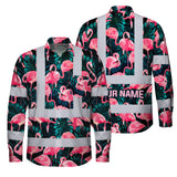 Hi Vis Hawaiian Long Sleeve Reflective Tapes Hawaii Flamingo Custom Name Safety Workwear For Workers, Truckers, Operators
