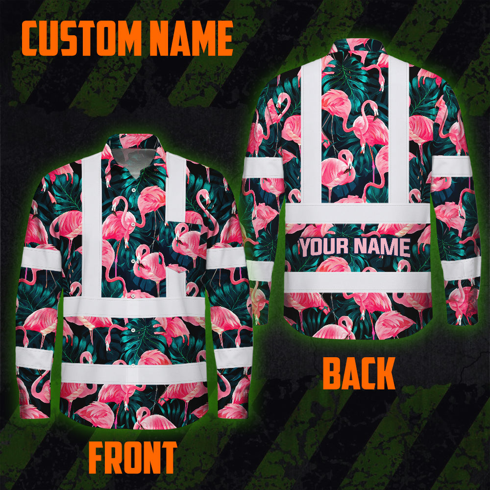 Hi Vis Hawaiian Long Sleeve Reflective Tapes Hawaii Flamingo Custom Name Safety Workwear For Workers, Truckers, Operators