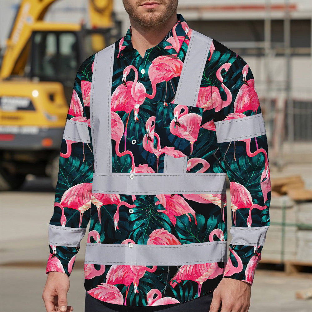 Hi Vis Hawaiian Long Sleeve Reflective Tapes Hawaii Flamingo Custom Name Safety Workwear For Workers, Truckers, Operators
