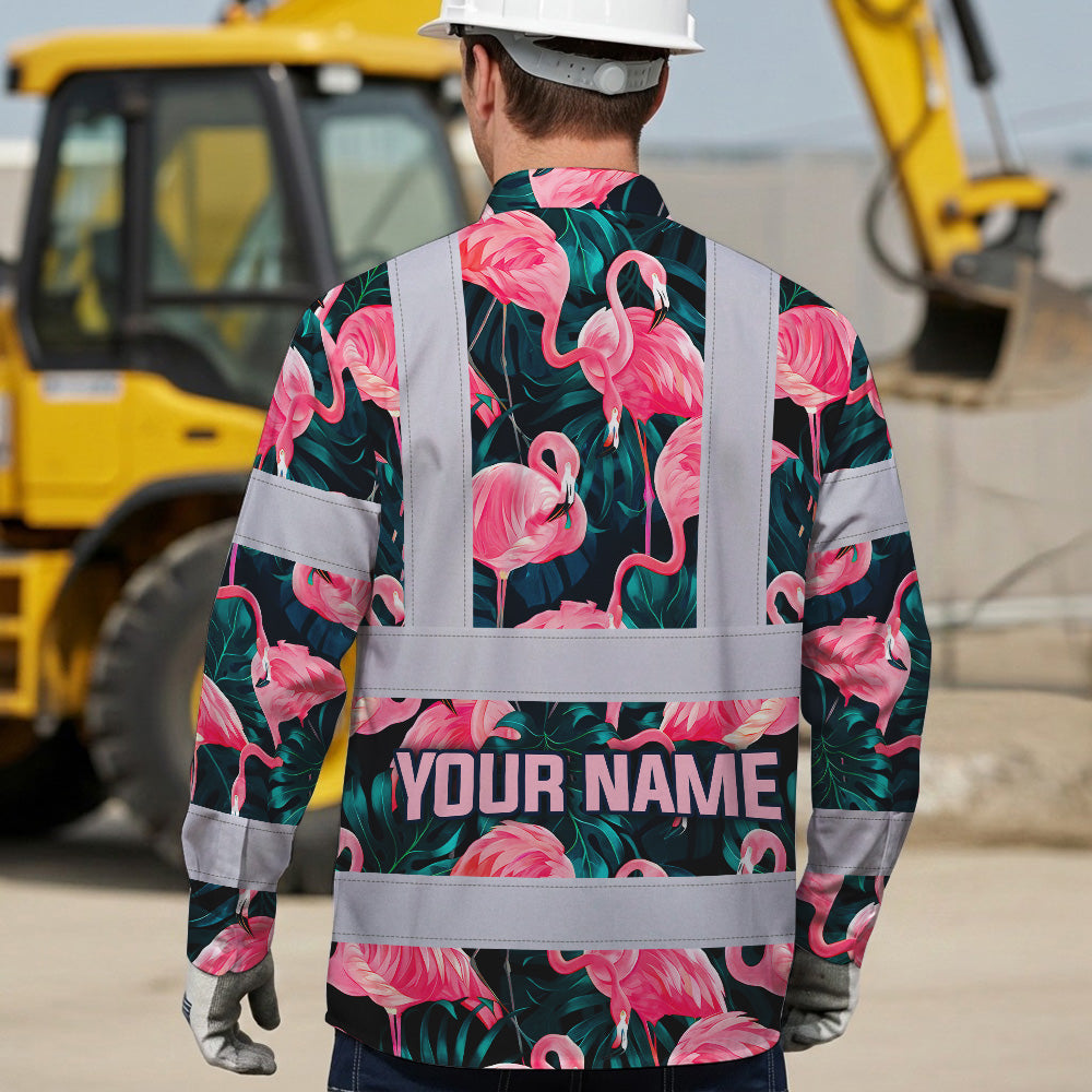 Hi Vis Hawaiian Long Sleeve Reflective Tapes Hawaii Flamingo Custom Name Safety Workwear For Workers, Truckers, Operators