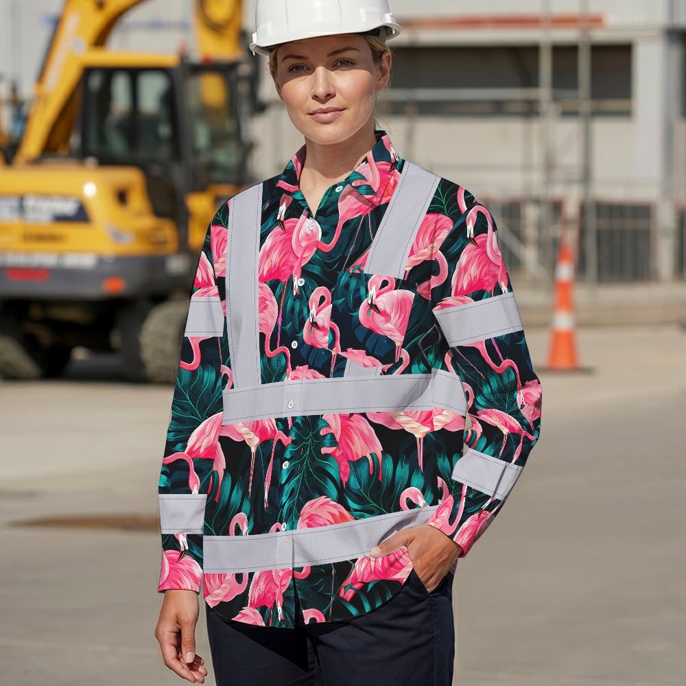 Hi Vis Hawaiian Long Sleeve Reflective Tapes Hawaii Flamingo Custom Name Safety Workwear For Workers, Truckers, Operators