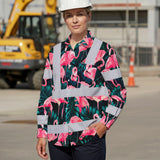 Hi Vis Hawaiian Long Sleeve Reflective Tapes Hawaii Flamingo Custom Name Safety Workwear For Workers, Truckers, Operators