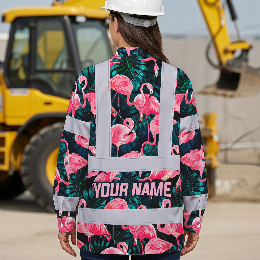 Hi Vis Hawaiian Long Sleeve Reflective Tapes Hawaii Flamingo Custom Name Safety Workwear For Workers, Truckers, Operators