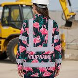 Hi Vis Hawaiian Long Sleeve Reflective Tapes Hawaii Flamingo Custom Name Safety Workwear For Workers, Truckers, Operators