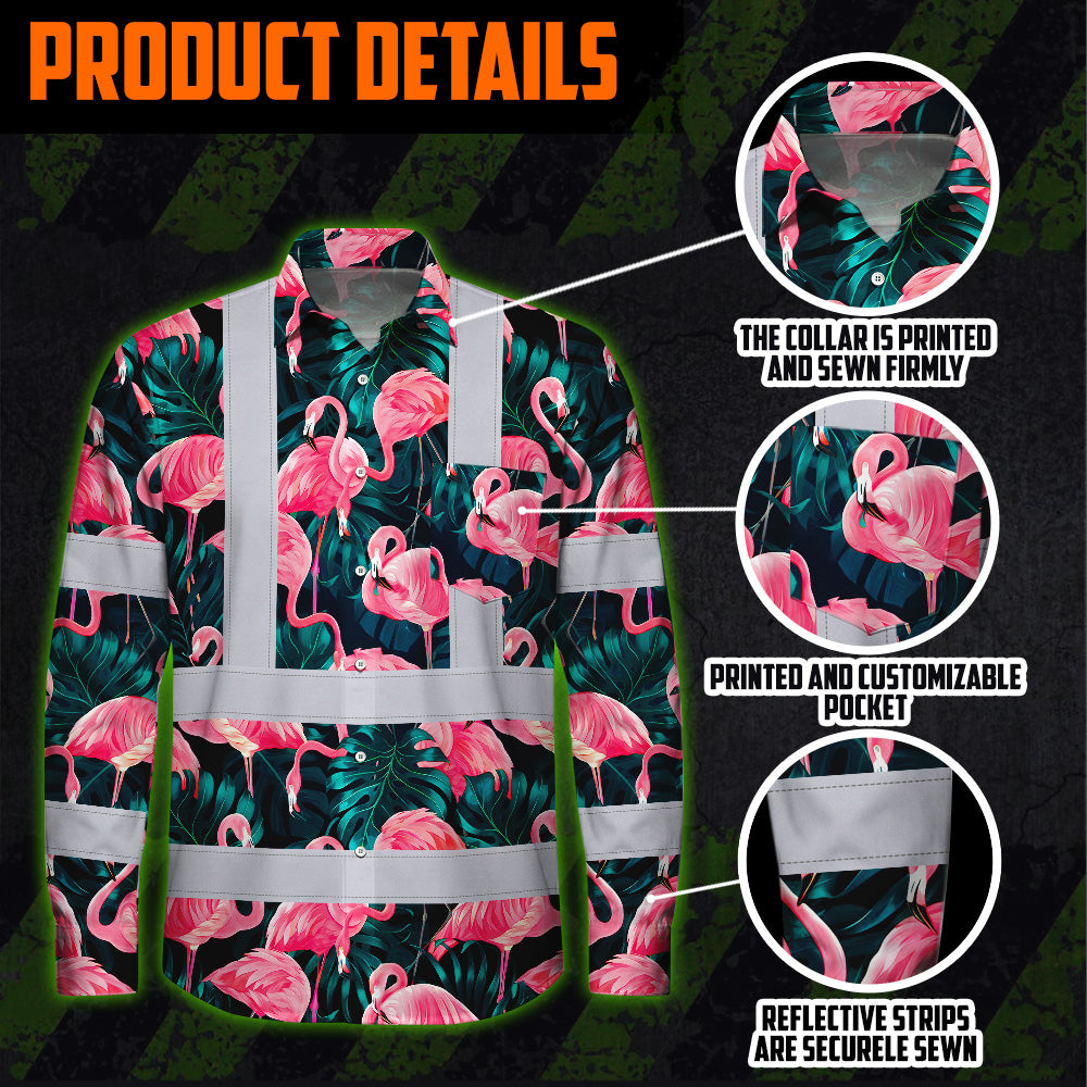 Hi Vis Hawaiian Long Sleeve Reflective Tapes Hawaii Flamingo Custom Name Safety Workwear For Workers, Truckers, Operators