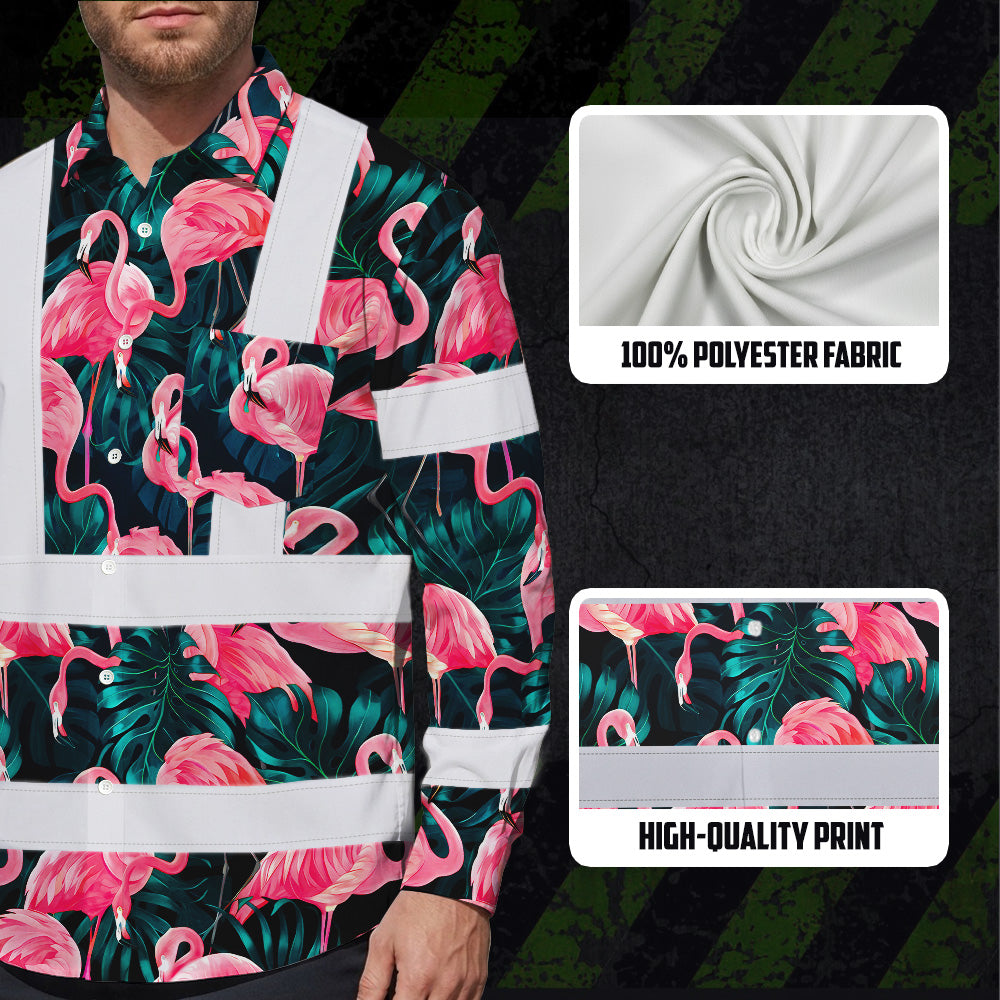 Hi Vis Hawaiian Long Sleeve Reflective Tapes Hawaii Flamingo Custom Name Safety Workwear For Workers, Truckers, Operators