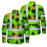 Hi Vis Hawaiian Long Sleeve Shirt Reflective Tapes Green Neon Flowers Custom Name