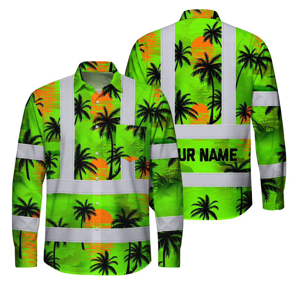 Hi Vis Hawaiian Long Sleeve Shirt Reflective Tapes Green Neon Flowers Custom Name