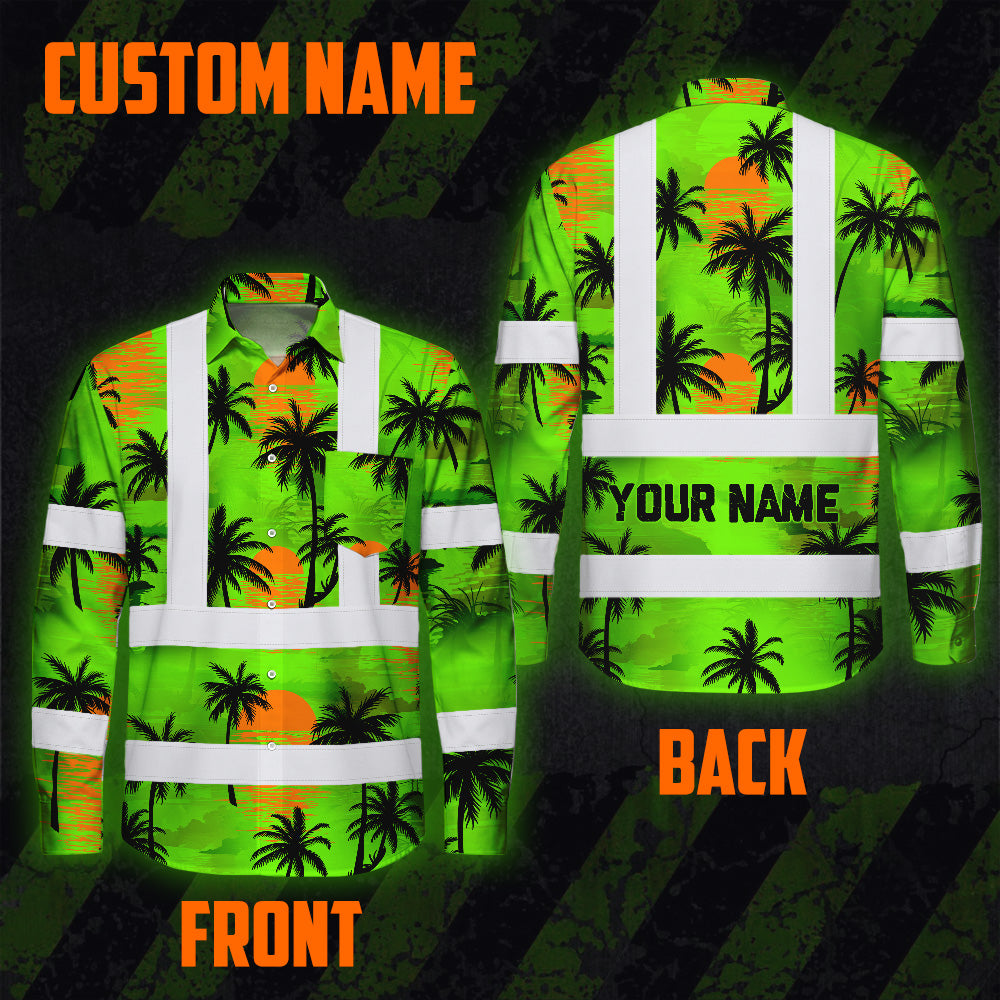 Hi Vis Hawaiian Long Sleeve Shirt Reflective Tapes Green Neon Flowers Custom Name