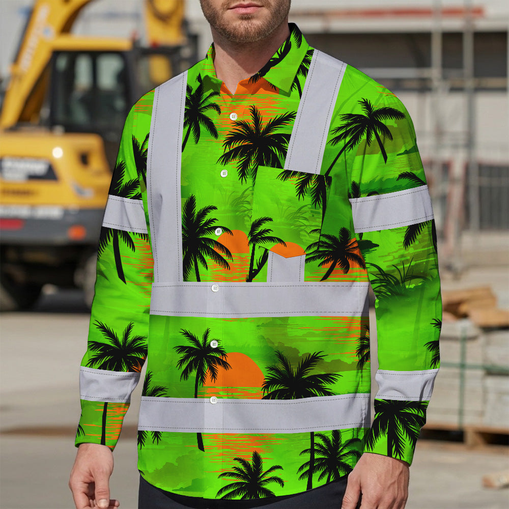 Hi Vis Hawaiian Long Sleeve Shirt Reflective Tapes Green Neon Flowers Custom Name