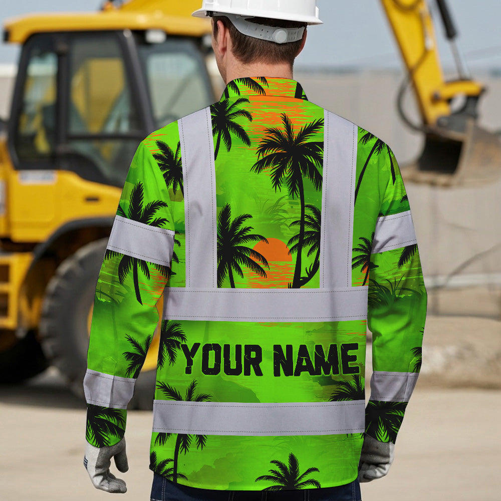 Hi Vis Hawaiian Long Sleeve Shirt Reflective Tapes Green Neon Flowers Custom Name