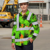 Hi Vis Hawaiian Long Sleeve Shirt Reflective Tapes Green Neon Flowers Custom Name