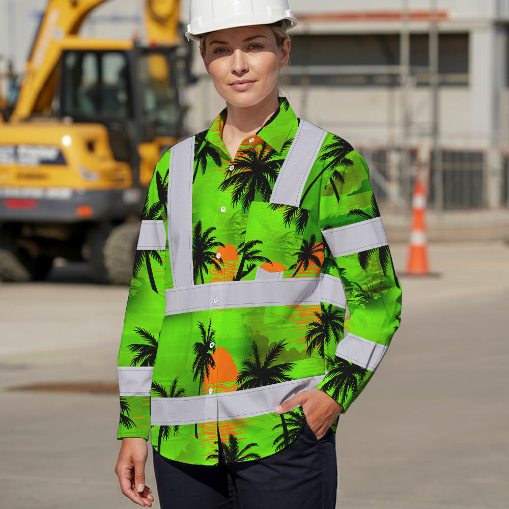 Hi Vis Hawaiian Long Sleeve Shirt Reflective Tapes Green Neon Flowers Custom Name