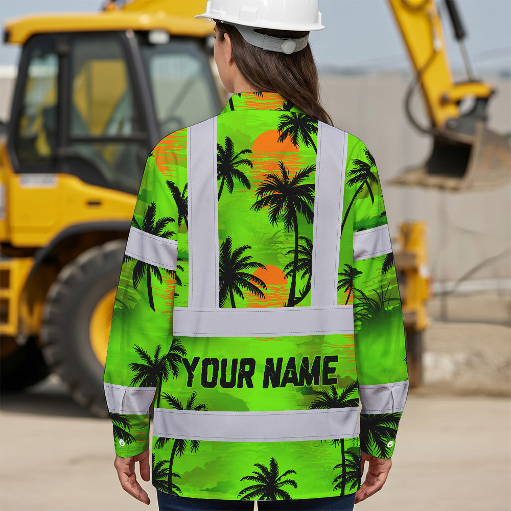 Hi Vis Hawaiian Long Sleeve Shirt Reflective Tapes Green Neon Flowers Custom Name