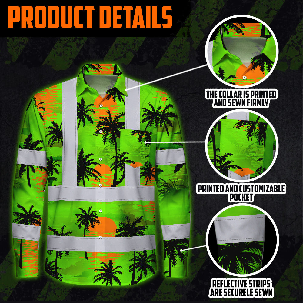 Hi Vis Hawaiian Long Sleeve Shirt Reflective Tapes Green Neon Flowers Custom Name