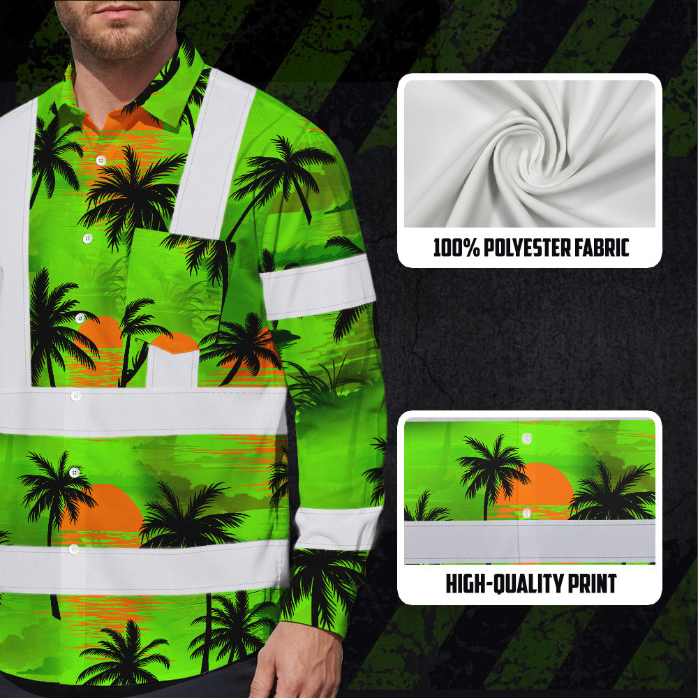 Hi Vis Hawaiian Long Sleeve Shirt Reflective Tapes Green Neon Flowers Custom Name
