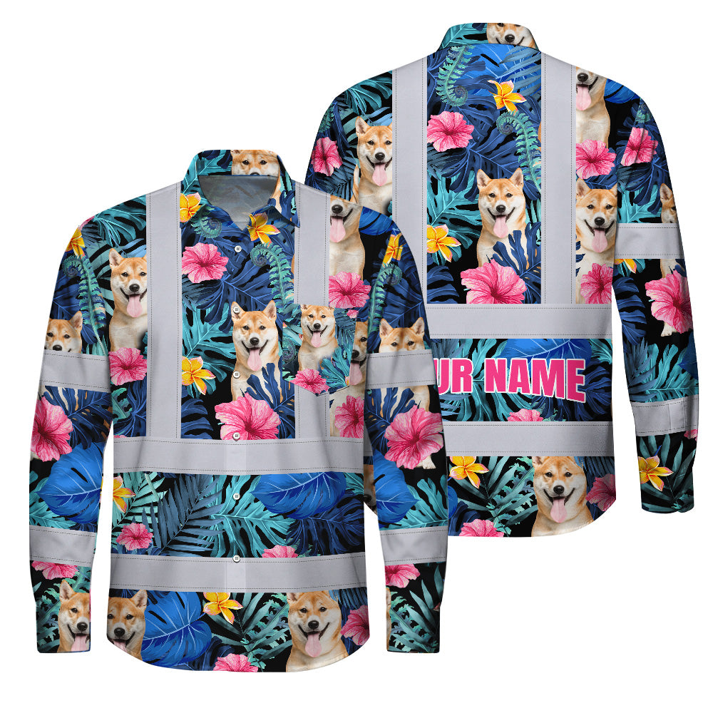 Hi Vis Hawaiian Long Sleeve Reflective Tapes Blue Pink Flowers Custom Name And Image Safety Workwear For Truckers, Pet Lovers