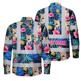 Hi Vis Hawaiian Long Sleeve Reflective Tapes Blue Pink Flowers Custom Name And Image Safety Workwear For Truckers, Pet Lovers