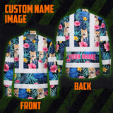 Hi Vis Hawaiian Long Sleeve Reflective Tapes Blue Pink Flowers Custom Name And Image Safety Workwear For Truckers, Pet Lovers