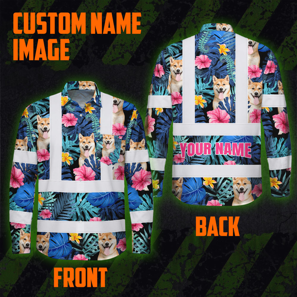Hi Vis Hawaiian Long Sleeve Reflective Tapes Blue Pink Flowers Custom Name And Image Safety Workwear For Truckers, Pet Lovers