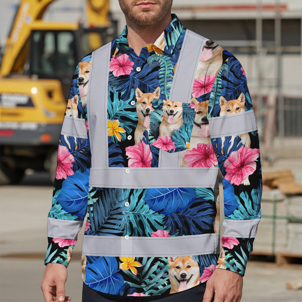 Hi Vis Hawaiian Long Sleeve Reflective Tapes Blue Pink Flowers Custom Name And Image Safety Workwear For Truckers, Pet Lovers