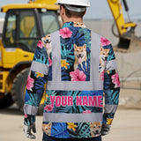 Hi Vis Hawaiian Long Sleeve Reflective Tapes Blue Pink Flowers Custom Name And Image Safety Workwear For Truckers, Pet Lovers