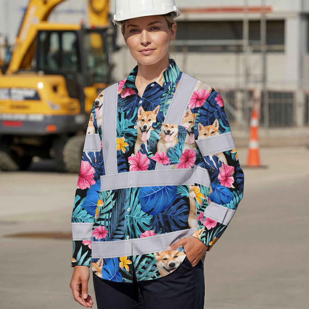 Hi Vis Hawaiian Long Sleeve Reflective Tapes Blue Pink Flowers Custom Name And Image Safety Workwear For Truckers, Pet Lovers