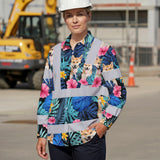 Hi Vis Hawaiian Long Sleeve Reflective Tapes Blue Pink Flowers Custom Name And Image Safety Workwear For Truckers, Pet Lovers