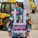 Hi Vis Hawaiian Long Sleeve Reflective Tapes Blue Pink Flowers Custom Name And Image Safety Workwear For Truckers, Pet Lovers