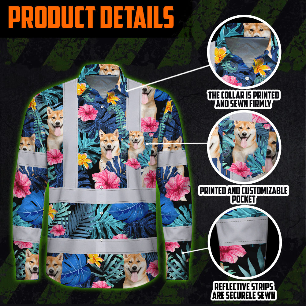 Hi Vis Hawaiian Long Sleeve Reflective Tapes Blue Pink Flowers Custom Name And Image Safety Workwear For Truckers, Pet Lovers