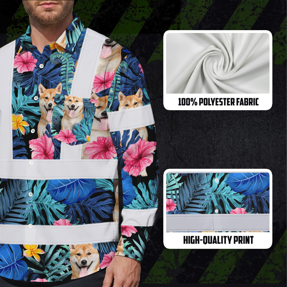 Hi Vis Hawaiian Long Sleeve Reflective Tapes Blue Pink Flowers Custom Name And Image Safety Workwear For Truckers, Pet Lovers