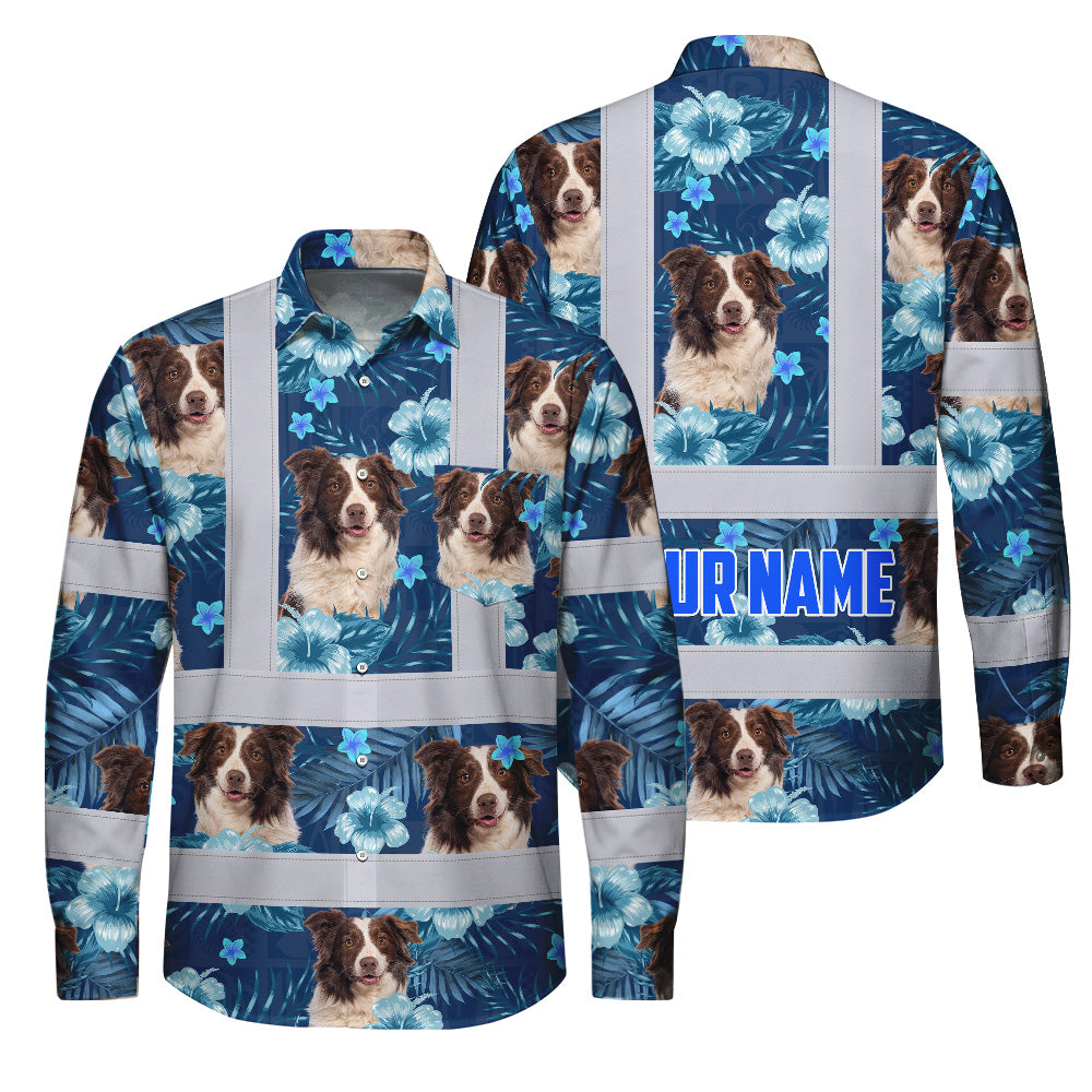 Hi Vis Hawaiian Long Sleeve Reflective Tapes Blue Flowers Custom Name And Image Safety Workwear For Truckers, Pet Lovers