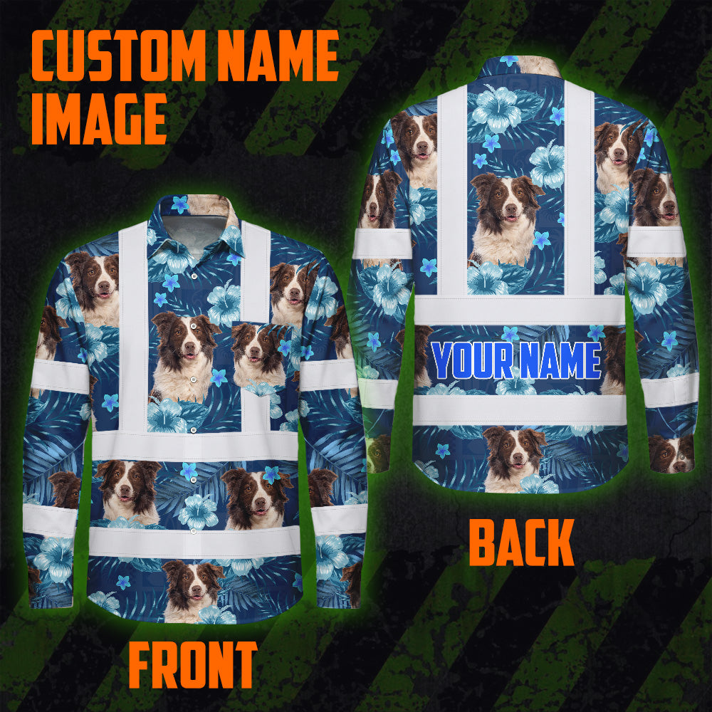 Hi Vis Hawaiian Long Sleeve Reflective Tapes Blue Flowers Custom Name And Image Safety Workwear For Truckers, Pet Lovers