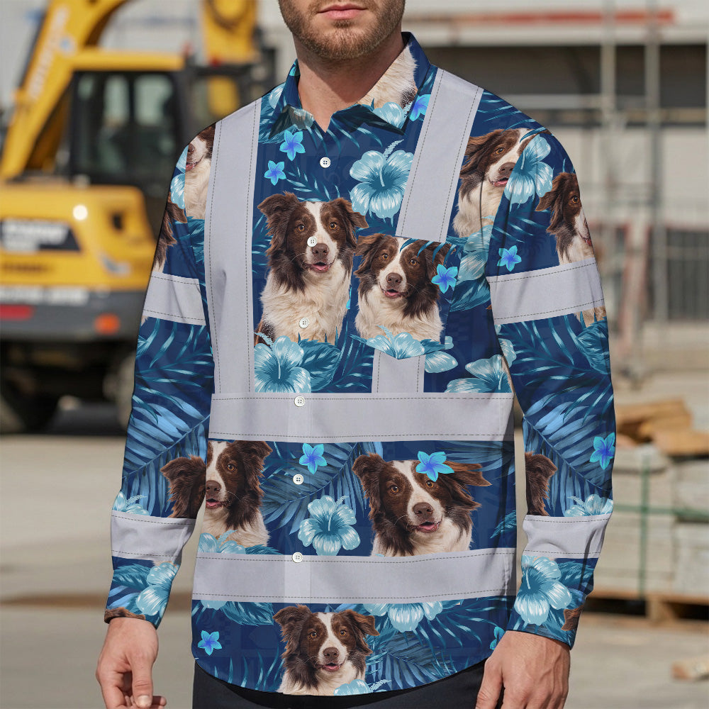 Hi Vis Hawaiian Long Sleeve Reflective Tapes Blue Flowers Custom Name And Image Safety Workwear For Truckers, Pet Lovers