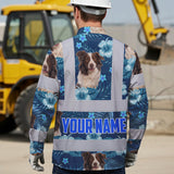 Hi Vis Hawaiian Long Sleeve Reflective Tapes Blue Flowers Custom Name And Image Safety Workwear For Truckers, Pet Lovers